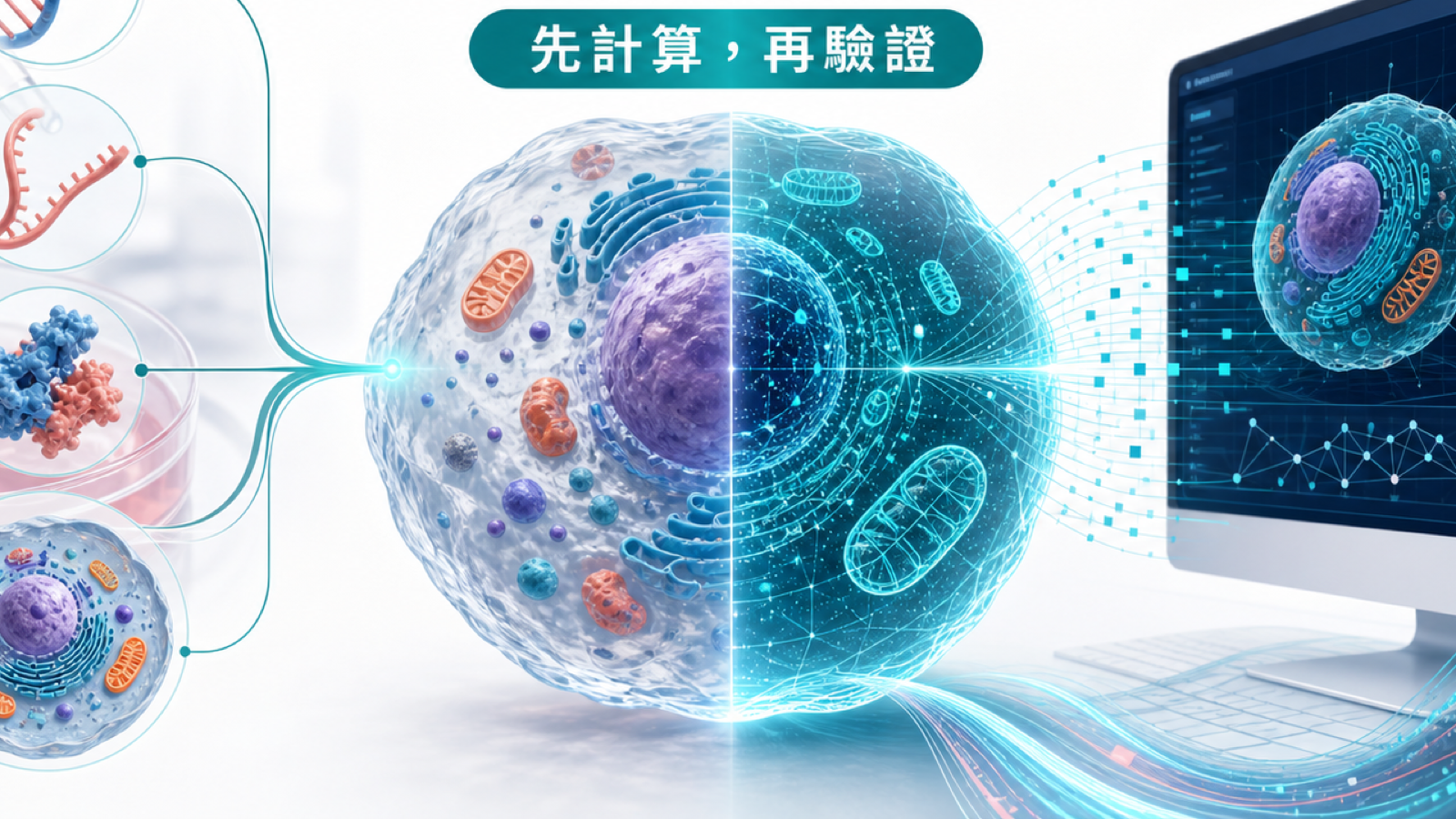 實體細胞與數位細胞模型相連，呈現 AIDO Cell 先計算再驗證的 Drugnews 編輯視覺
