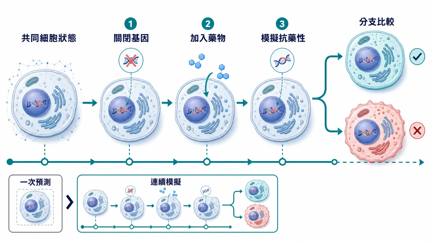 圖 2｜一顆會記得的數位細胞：共享狀態與連續擾動