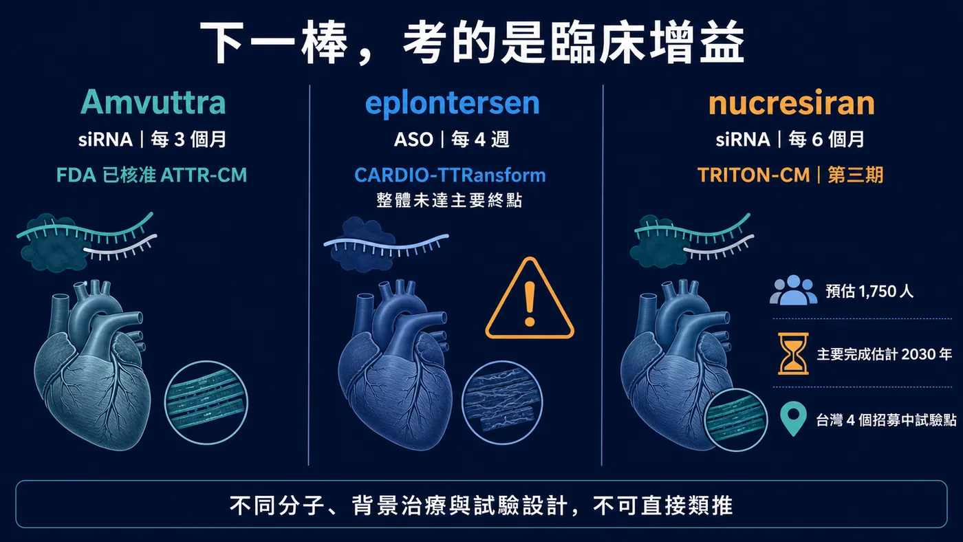 Amvuttra、eplontersen 與 nucresiran 的臨床定位比較