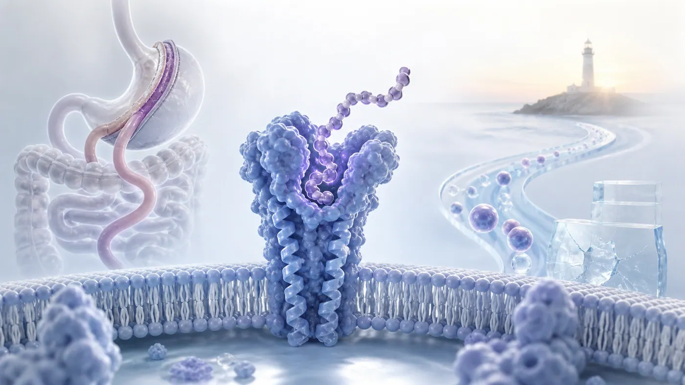 Editorial visualization of avexitide blocking the GLP-1 receptor to reduce post-bariatric hypoglycemia risk