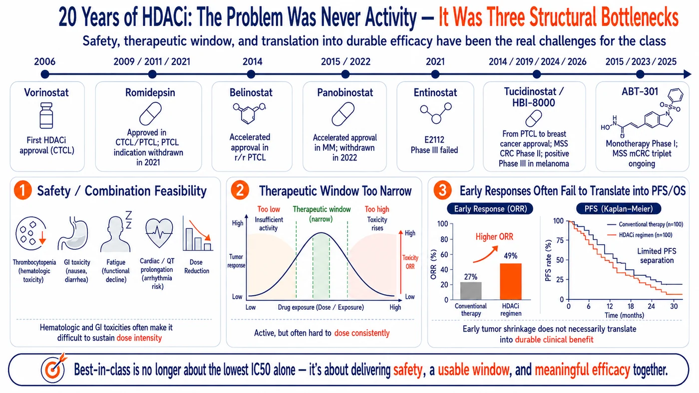 Figure 1 | Three barriers have constrained HDAC inhibitors in solid tumors for two decades: safety and combinability, a narrow therapeutic window, and the failure of early responses to consistently translate into PFS and OS.