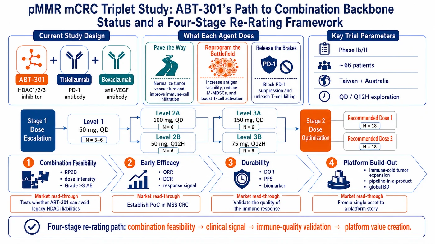 Figure 5 | The pMMR colorectal cancer triplet creates four sequential value inflection points: combinability, reproducible efficacy, durability, and human mechanistic validation — the evidence needed to determine whether ABT-301 can become a true combination backbone.