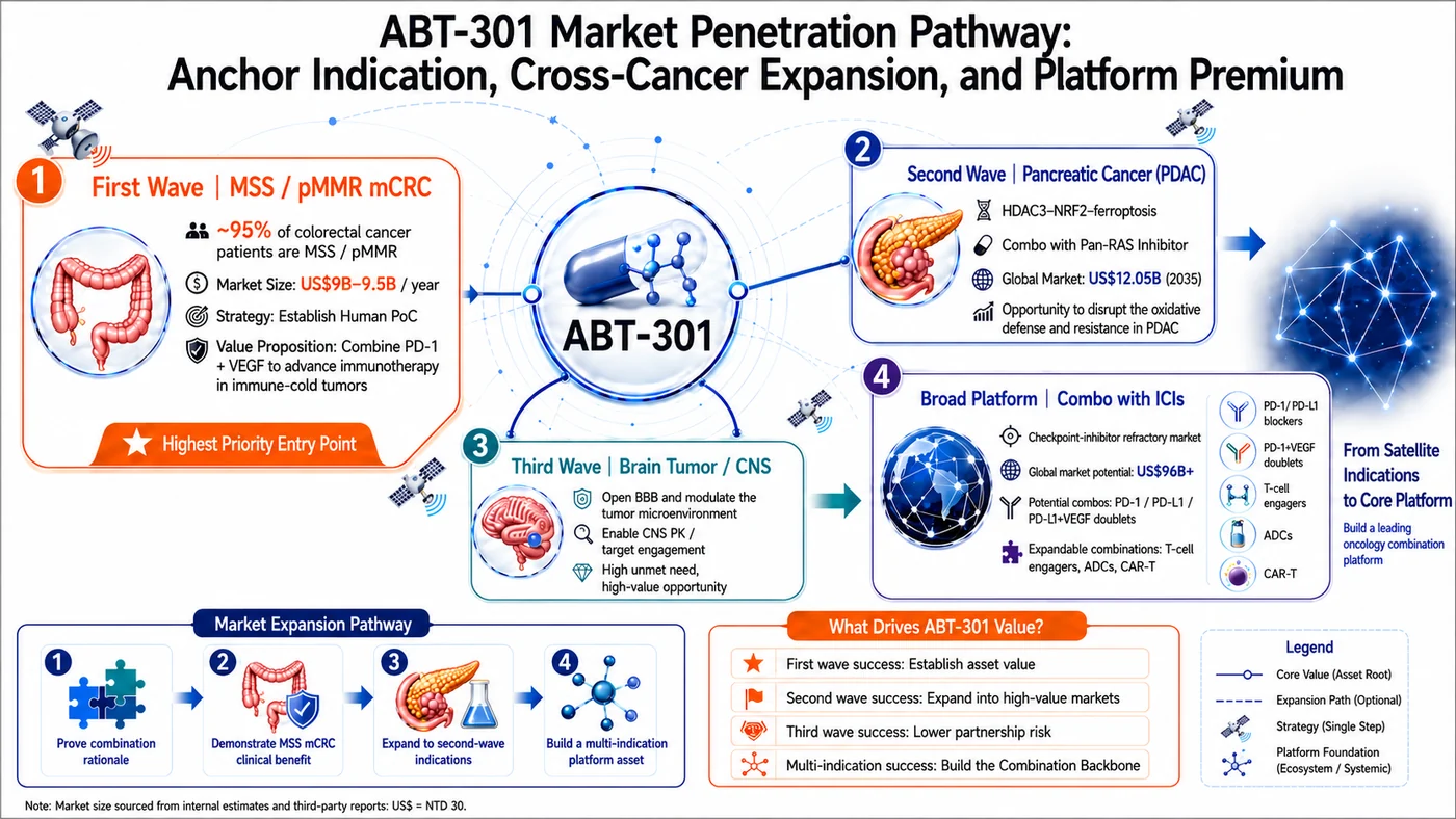 Figure 6 | ABT-301’s value-unlocking path: MSS colorectal cancer sets the valuation floor; pancreatic and brain tumors add cross-tumor optionality; and repeatable success with multiple partner therapies is what ultimately supports a platform premium. Market figures are shown for demand context only.