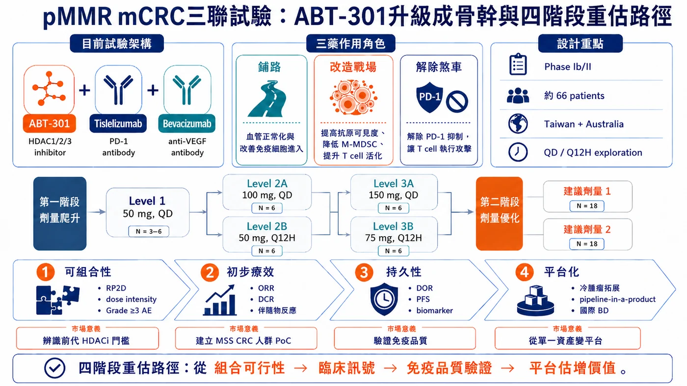 圖5｜pMMR大腸直腸癌三聯試驗的四階段評估：先證明可組合性，再看療效、持久性與人體機制，決定ABT-301能否升級為聯合治療骨幹。