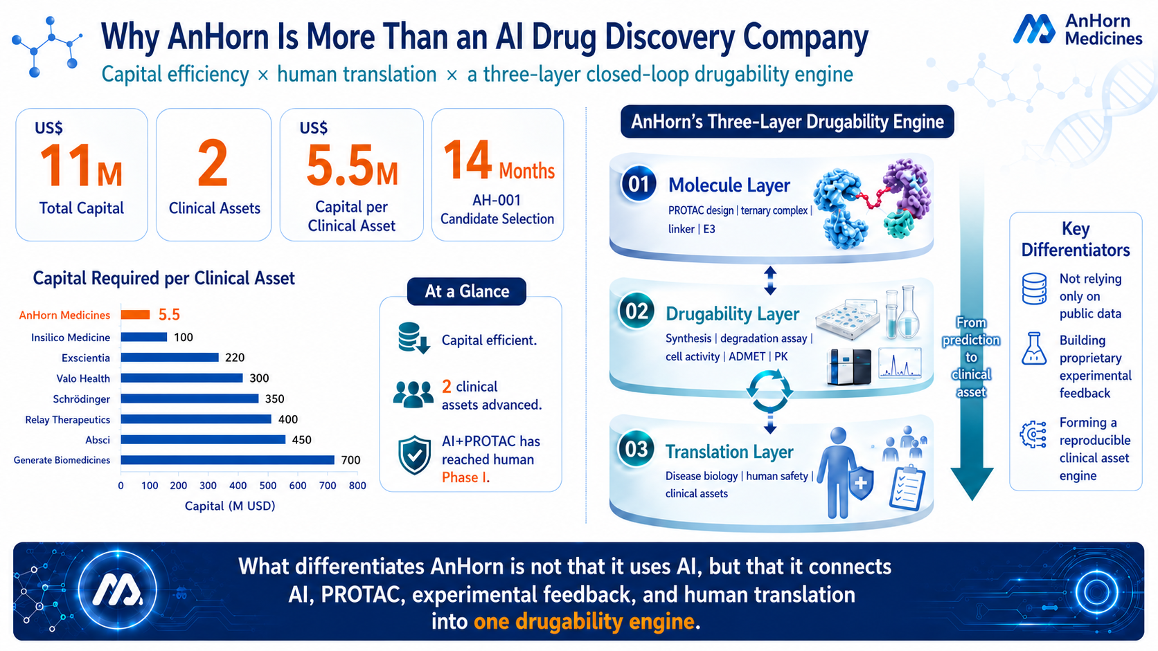 Figure 4 | AnHorn’s capital efficiency and three-layer closed-loop engine: US$11M, two clinical assets, and US$5.5M per clinical asset