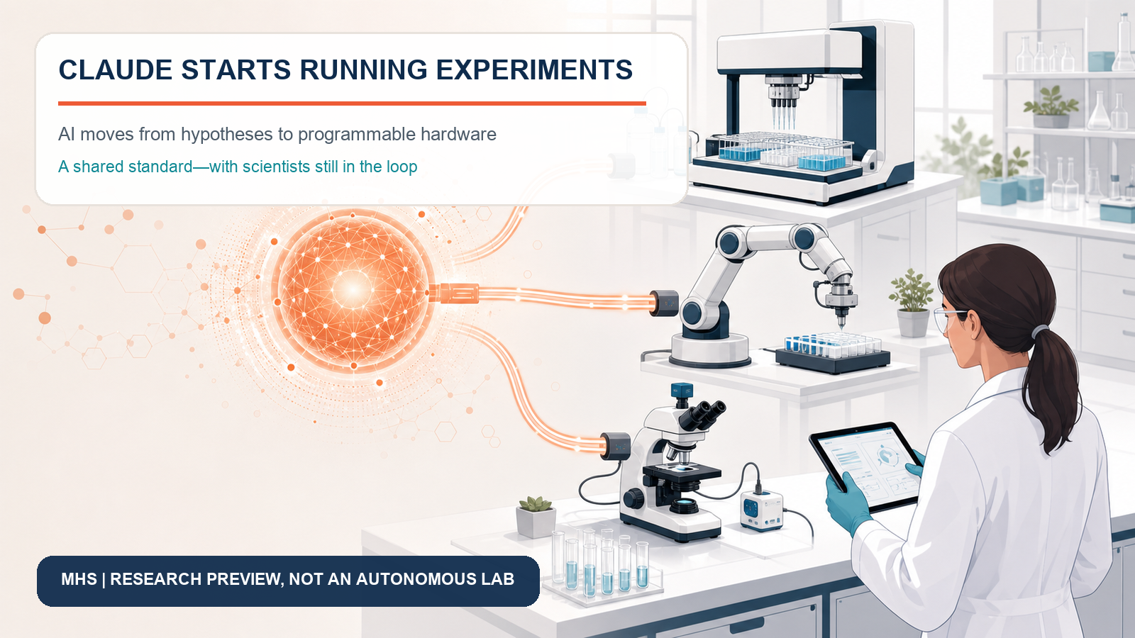 Editorial illustration of Claude using MHS to move from digital reasoning into programmable laboratory equipment