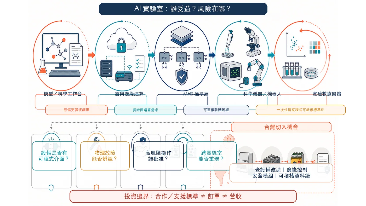 圖 4|AI 實驗室價值鏈:受益者、壓力與四道風險閘門