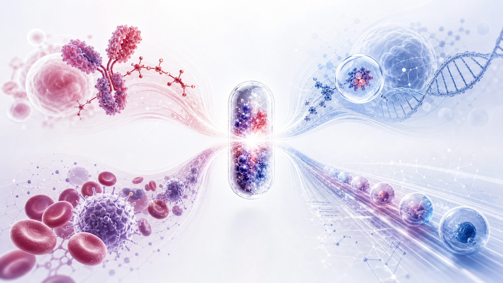 An abstract scientific image of one medicine core branching into multiple oncology development paths