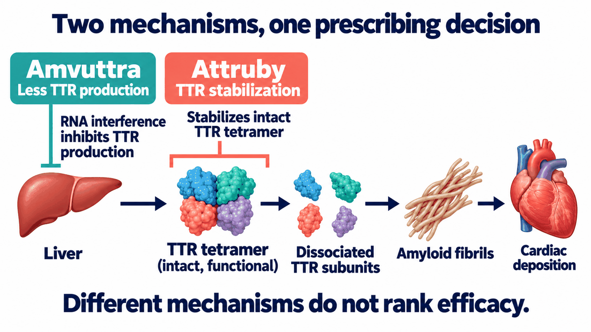 RNA silencing and oral stabilizers intervene at different points in the TTR disease process