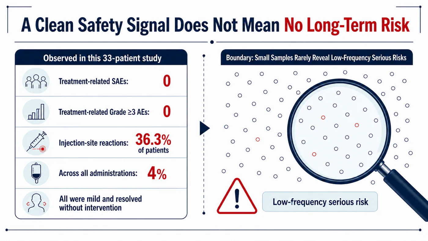 A clean 33-patient safety signal cannot exclude low-frequency risks that emerge with larger exposure