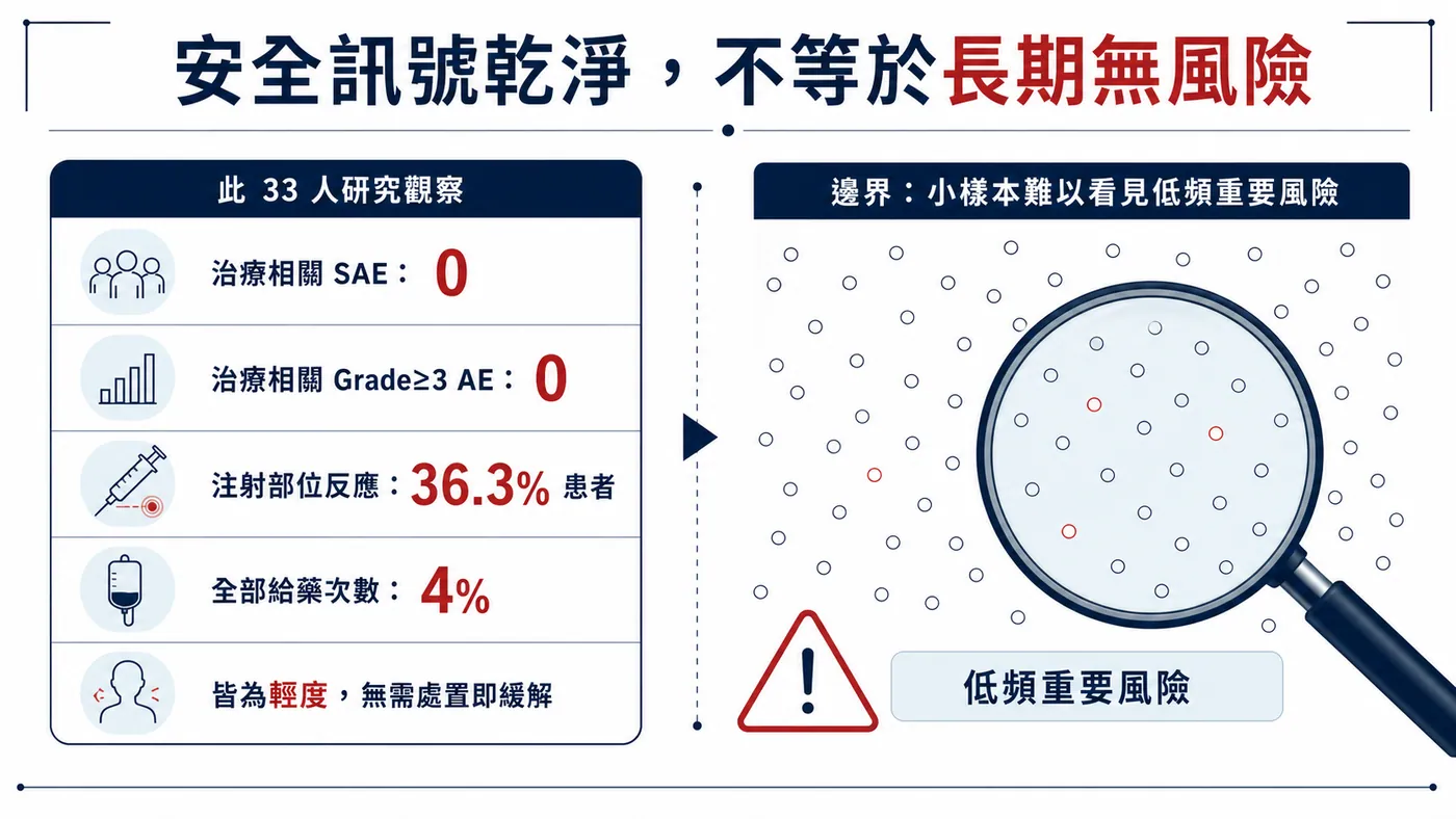 33 人研究沒有觀察到嚴重安全事件,不代表擴大暴露後不會出現低頻重要風險