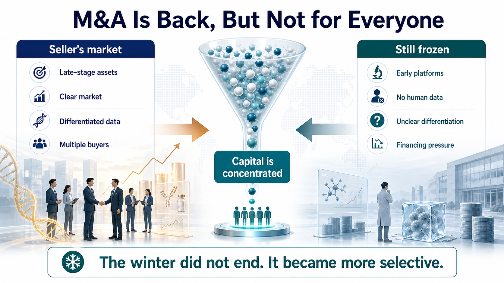 Biotech M&A capital is concentrated in de-risked late-stage assets