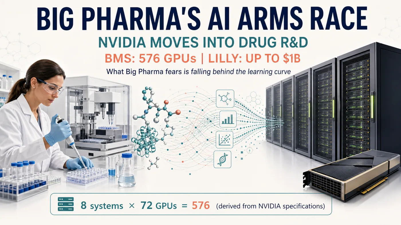 A pharmaceutical scientist, automated wet lab and AI server racks illustrate Big Pharma's AI infrastructure arms race, including BMS's specification-derived 576 GPUs and Lilly's five-year commitment of up to $1 billion