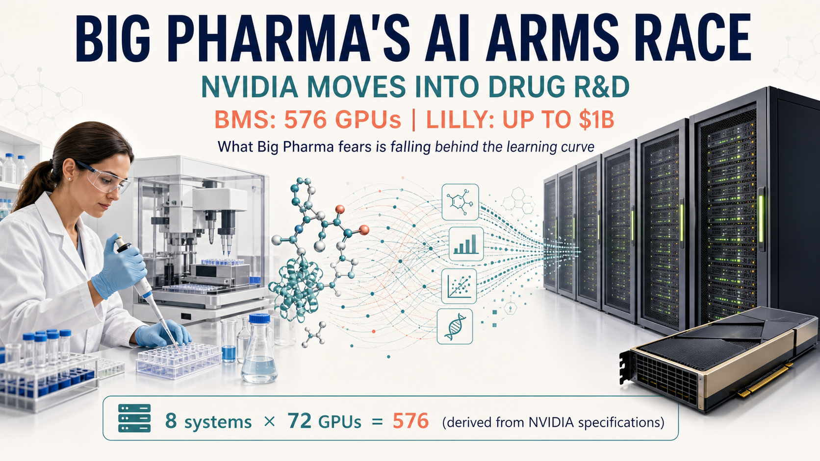 A pharmaceutical scientist, automated wet lab and AI server racks illustrate Big Pharma's AI infrastructure arms race, including BMS's specification-derived 576 GPUs and Lilly's five-year commitment of up to $1 billion