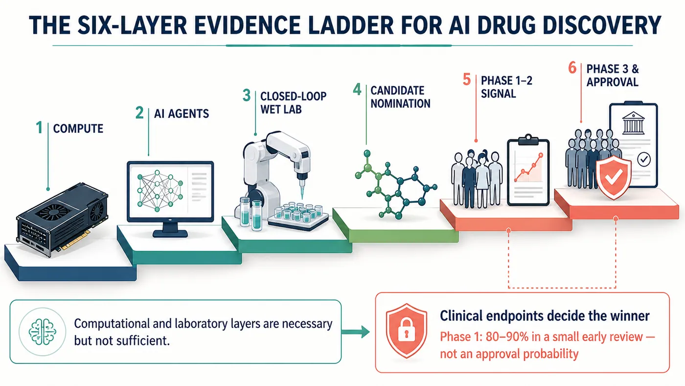 Figure 2 | The evidence ladder runs from compute and agents through wet-lab work and candidate nomination to clinical trials; a small early Phase 1 review cannot be extrapolated into approval probability