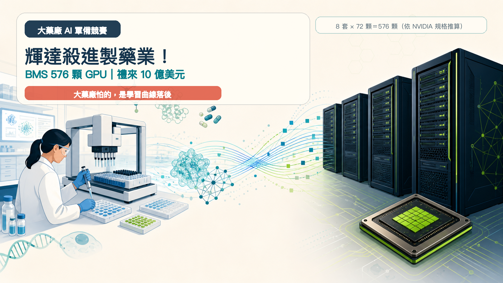 研究員、實驗自動化與 AI 伺服器構成大藥廠 AI 軍備競賽,BMS 導入依規格推算的 576 顆 GPU,禮來五年投入上限 10 億美元