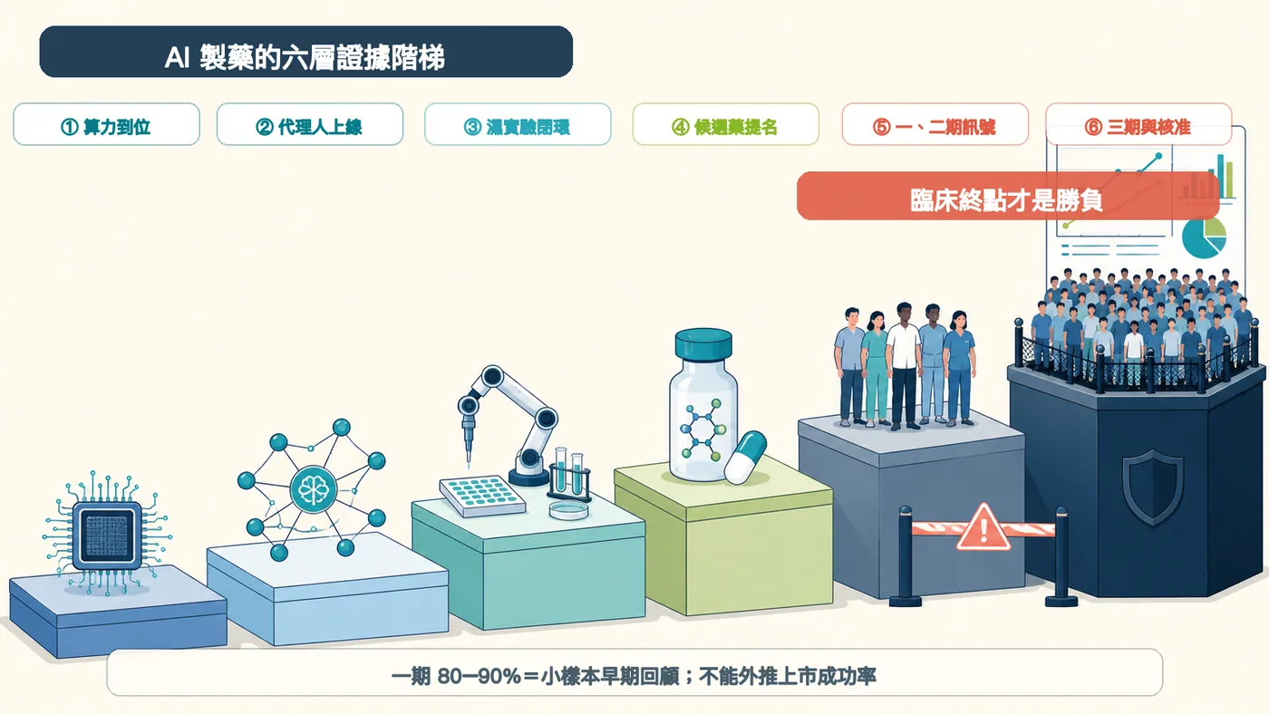 圖 2|AI 製藥從算力、代理人與濕實驗走到候選藥及臨床驗證;一期小樣本早期回顧不能外推上市成功率