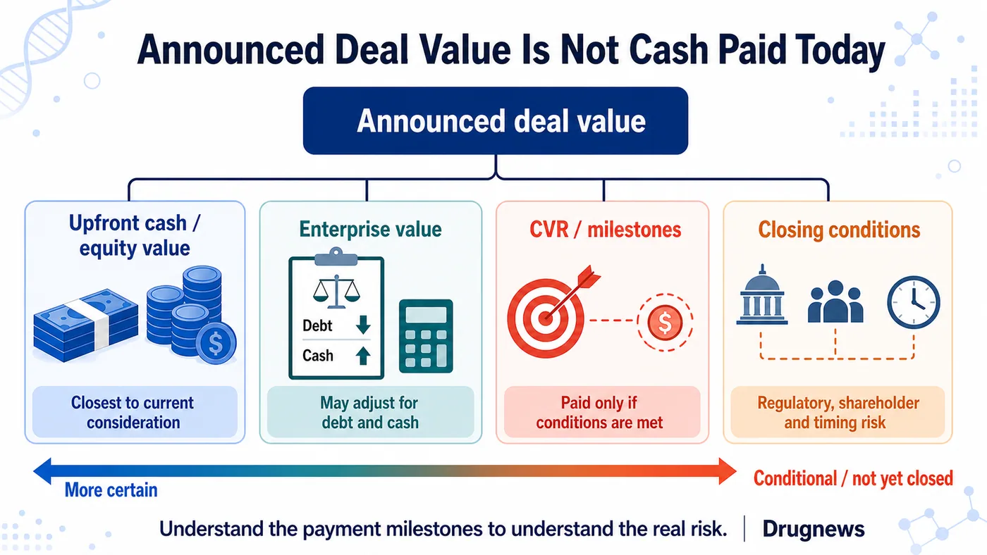 An announced deal value must be separated into upfront cash, equity value, enterprise value, CVRs, milestones and closing conditions