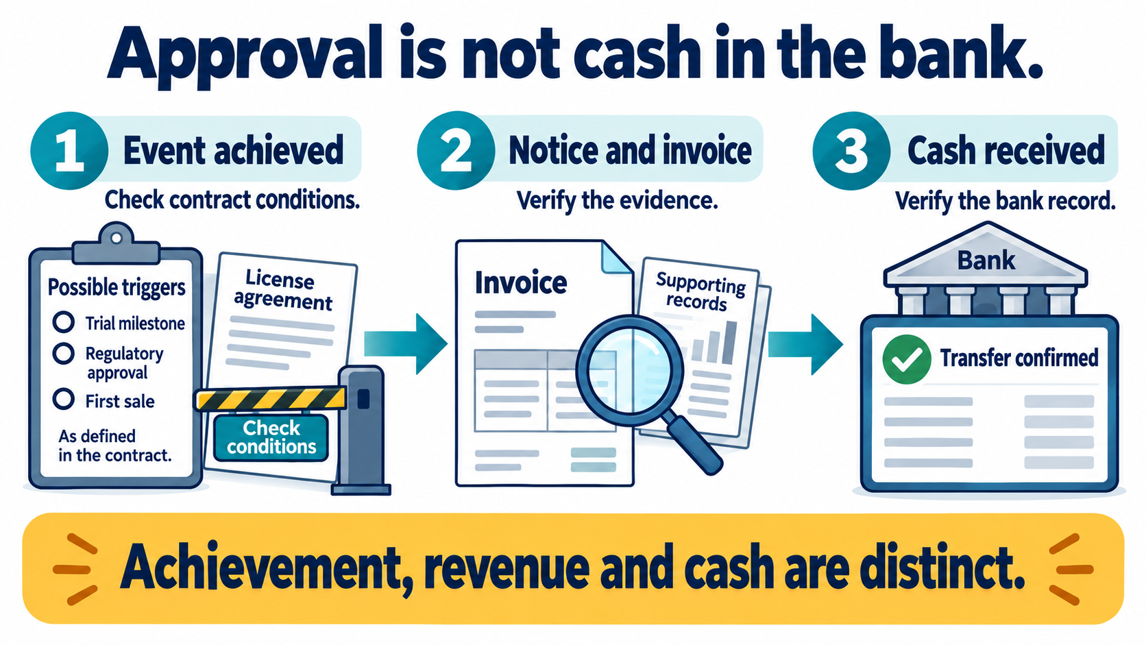 Three stages: event achieved, notice and invoice, and cash received; alternative contractual triggers appear on the left.