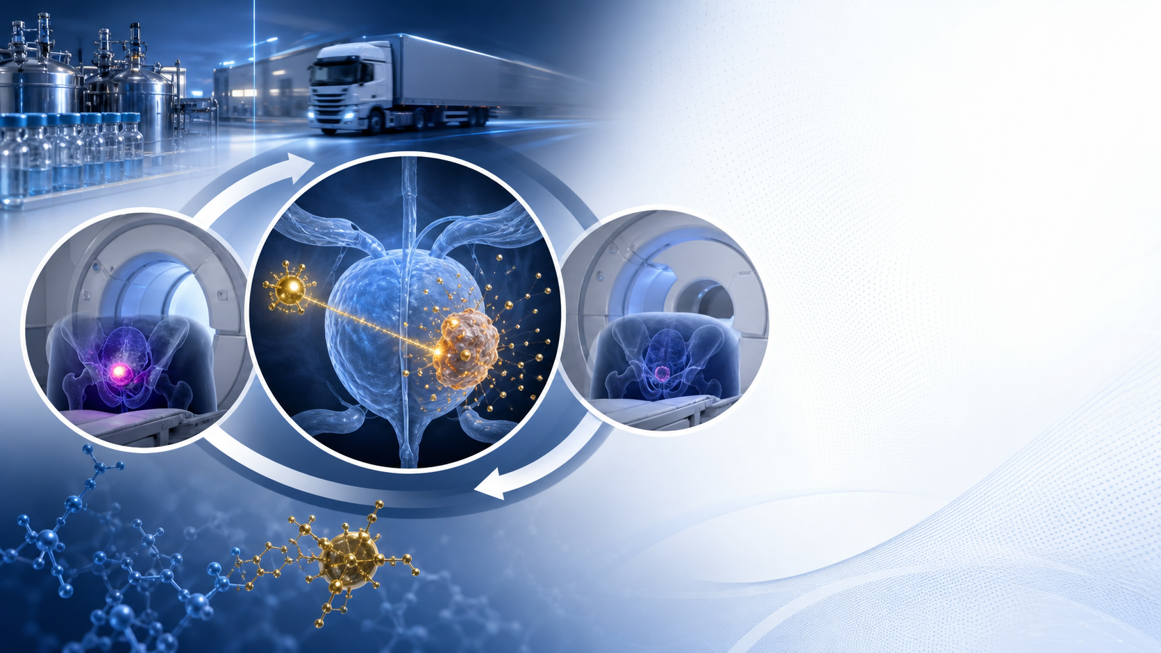 A radiopharma loop connecting isotope production, timed distribution, PSMA PET imaging, targeted treatment and follow-up
