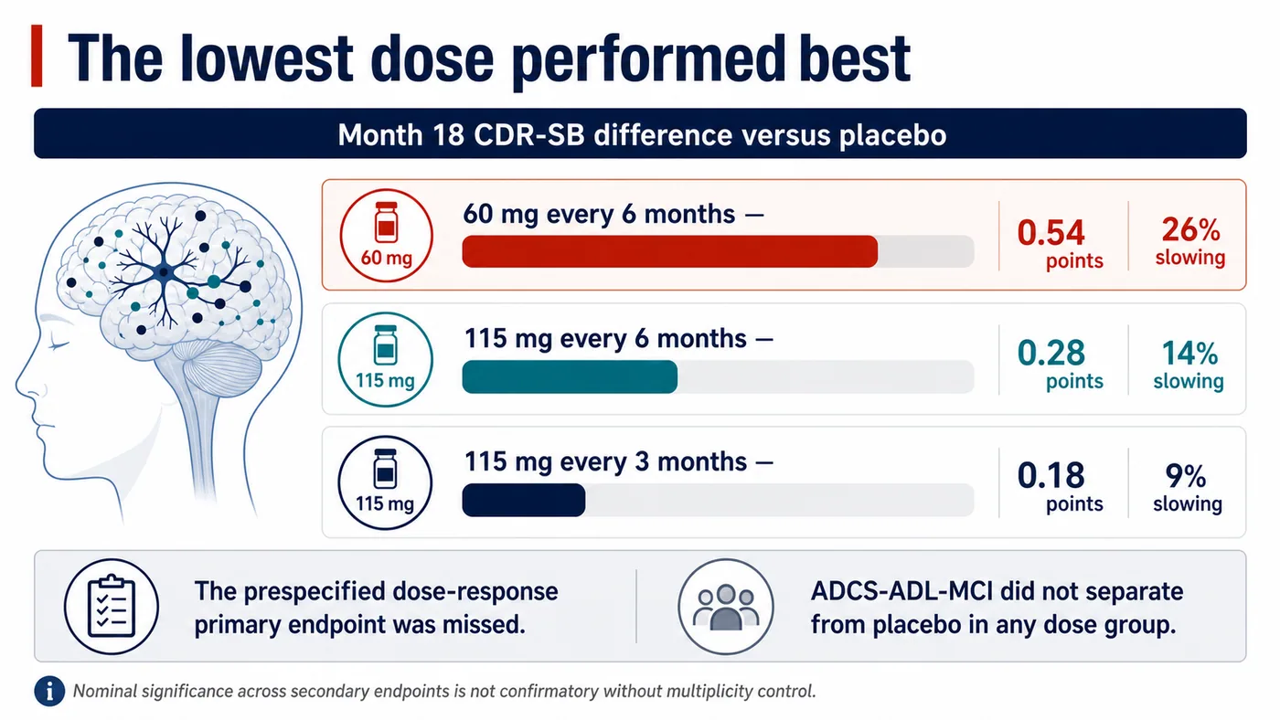 The lowest dose showed the largest CDR-SB difference, while the prespecified dose-response endpoint was missed