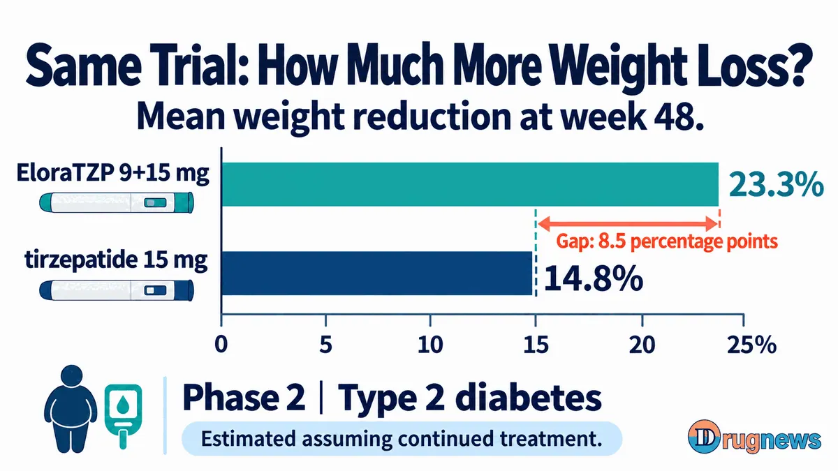 Figure 1 | Mean weight reduction at week 48 in the same Phase 2 trial, in participants with type 2 diabetes and obesity or overweight. The 9 + 15 mg labels refer to the separate doses of the two drugs, which were injected separately in this trial; the pen shapes are illustrative only. The 23.3% and 14.8% figures are estimates under the assumption of continued treatment, a difference of 8.5 percentage points.