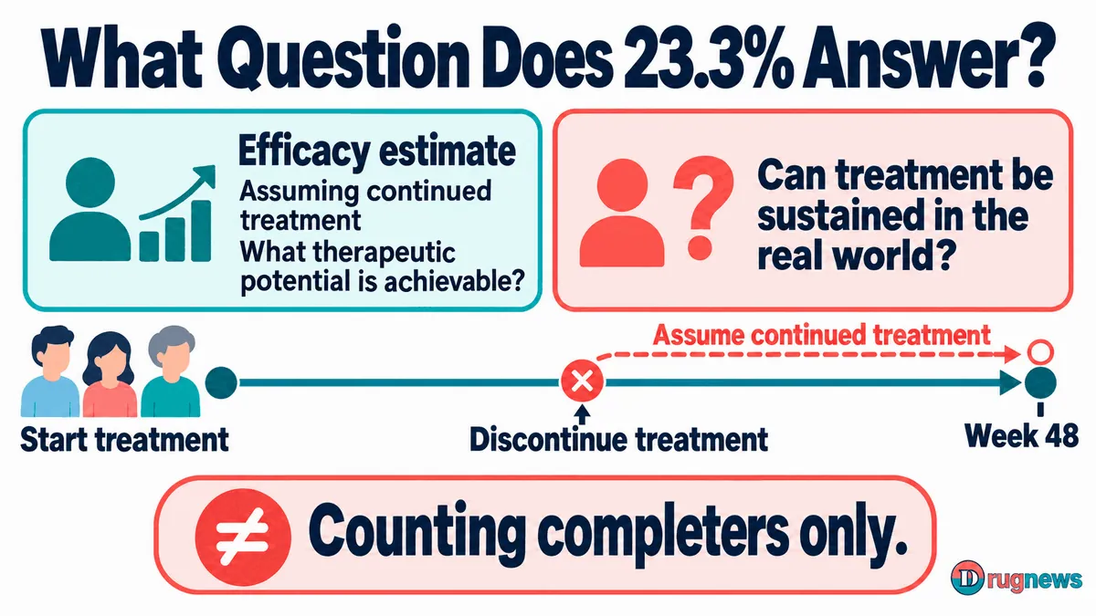 Figure 2 | The 23.3% figure is estimated under the assumption that participants continued receiving the study treatment. The dashed line illustrates a statistical assumption, not an observed patient trajectory; the efficacy estimand is also not equivalent to calculating results only for completers.