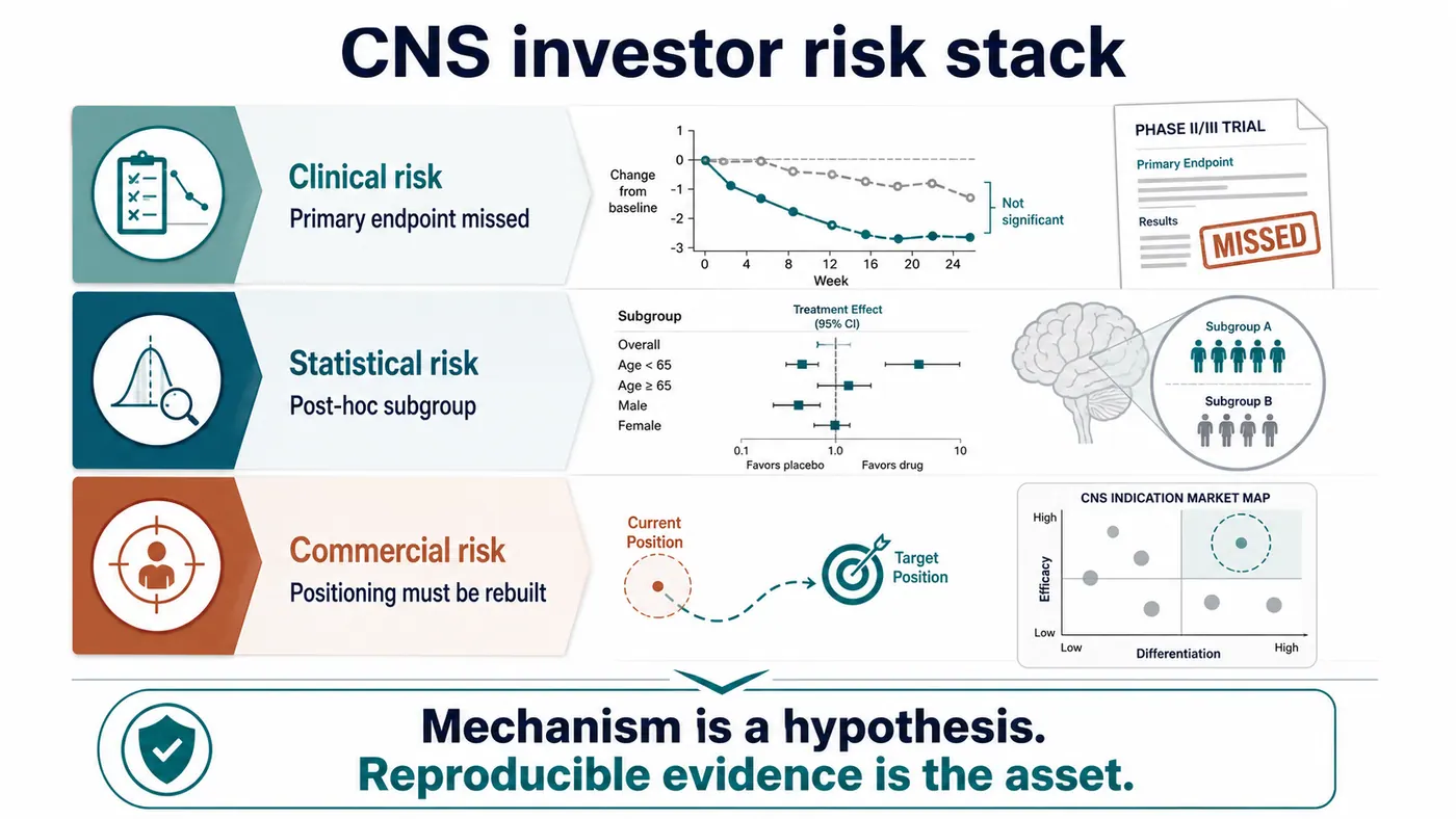 CNS investor risk stack: clinical, statistical, and commercial risk after PALISADE-4