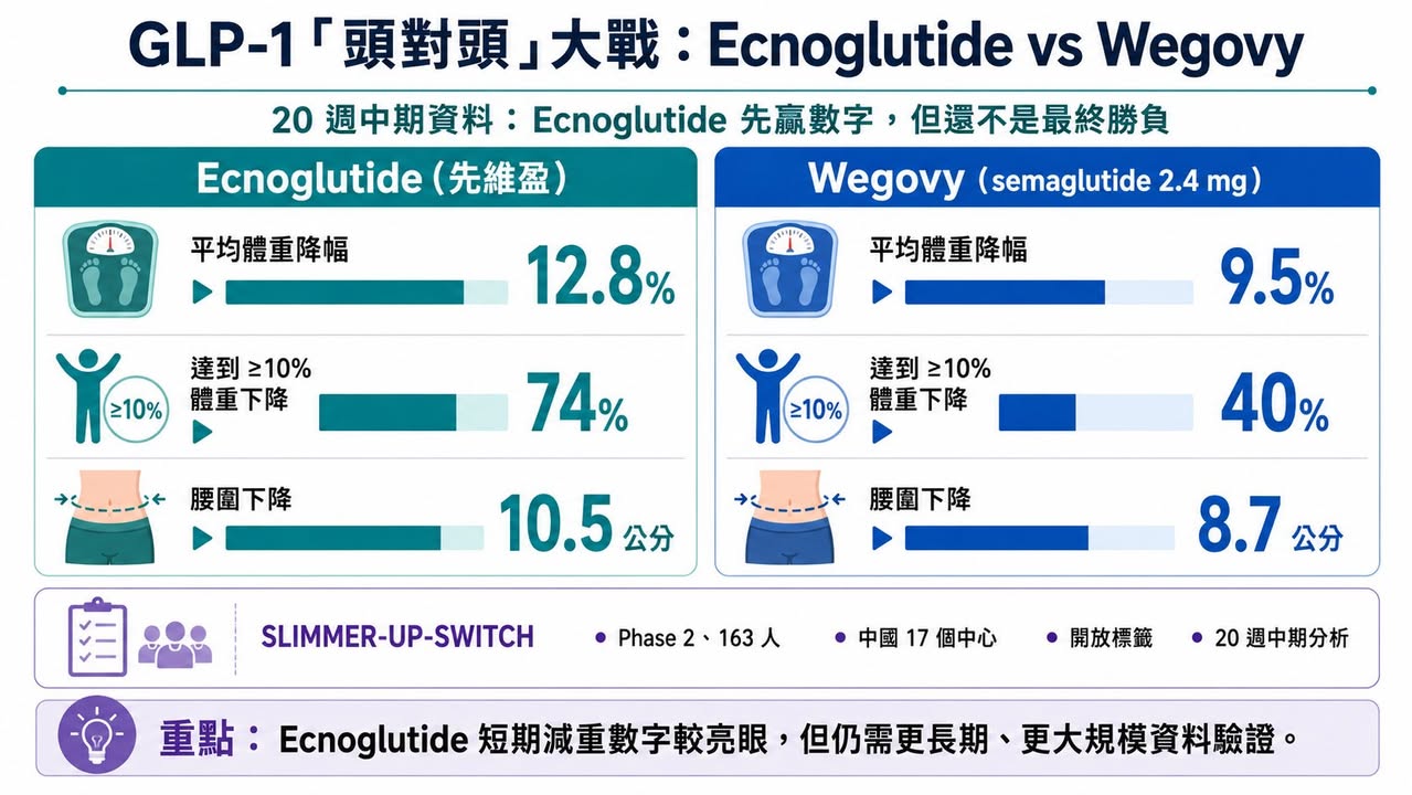 Facebook 原圖：Ecnoglutide 與 Wegovy 頭對頭減重資料整理