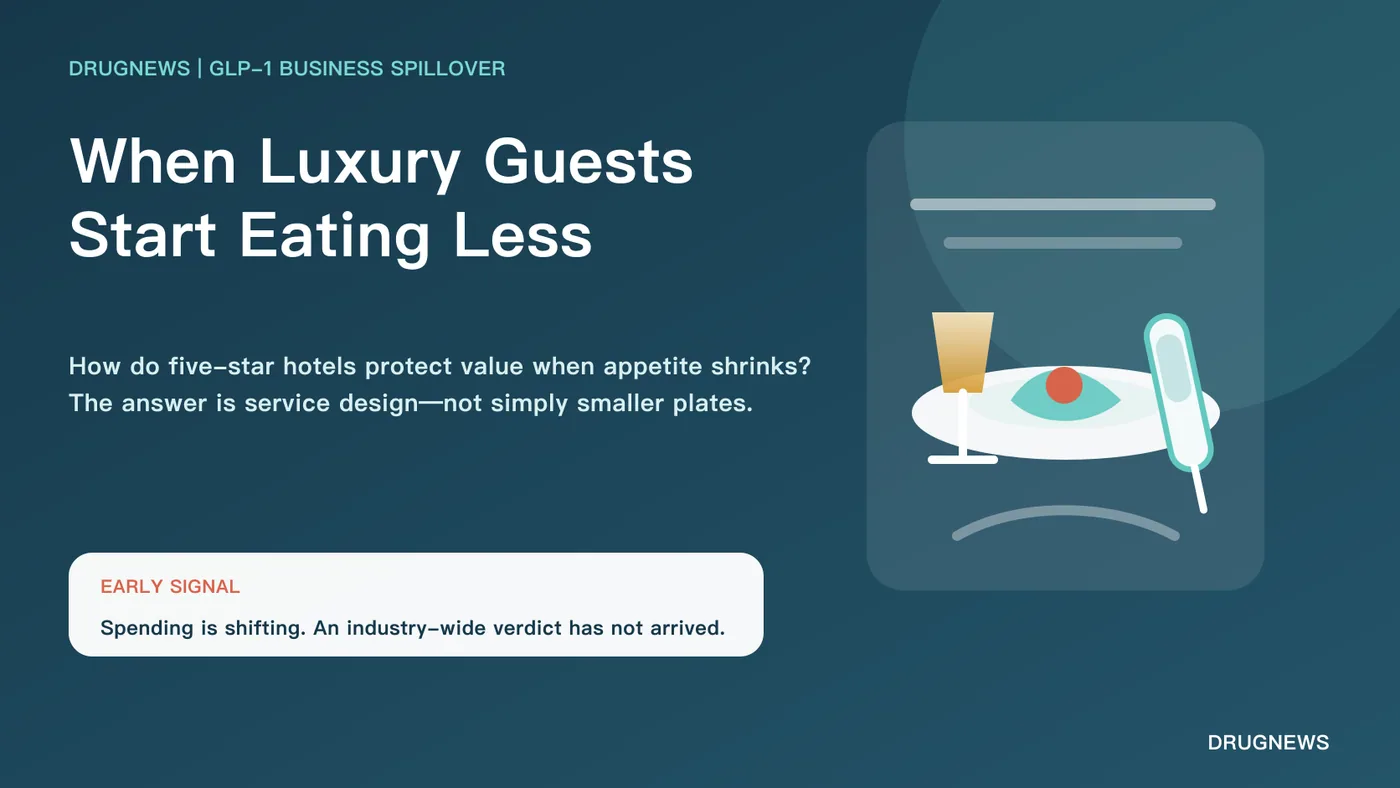 Drugnews editorial visualization of GLP-1 drugs reshaping food, beverage and service economics in luxury hotels
