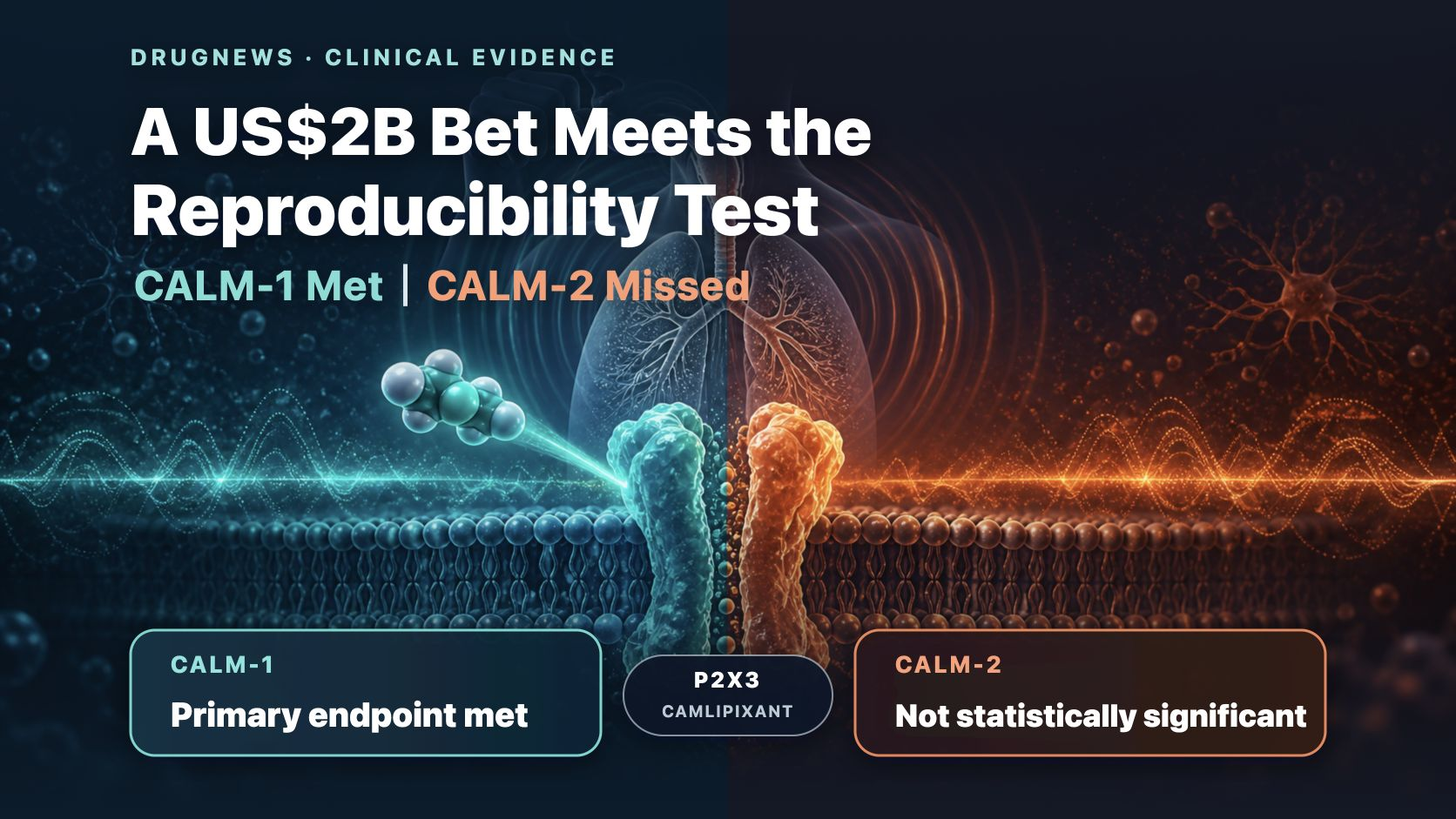 Parallel CALM-1 and CALM-2 trial tracks showing different pivotal outcomes for camlipixant