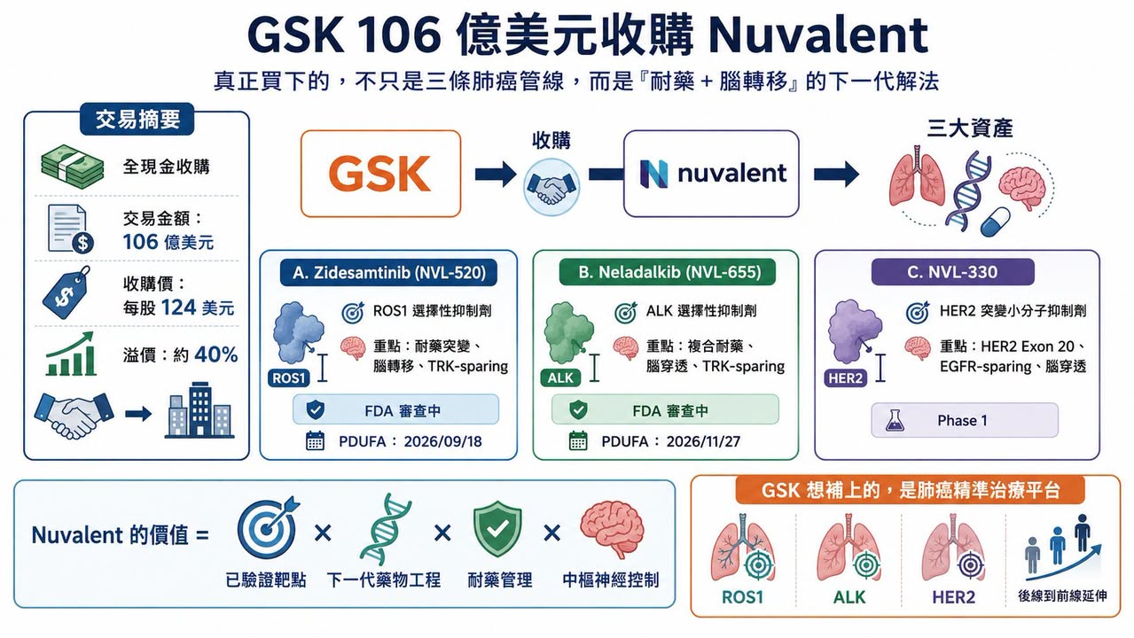 Facebook 原圖:GSK 用 106 億美元買下 Nuvalent:真正買的不是三條肺癌管線,而是「耐藥與腦轉移」的下一代解法(圖 1)
