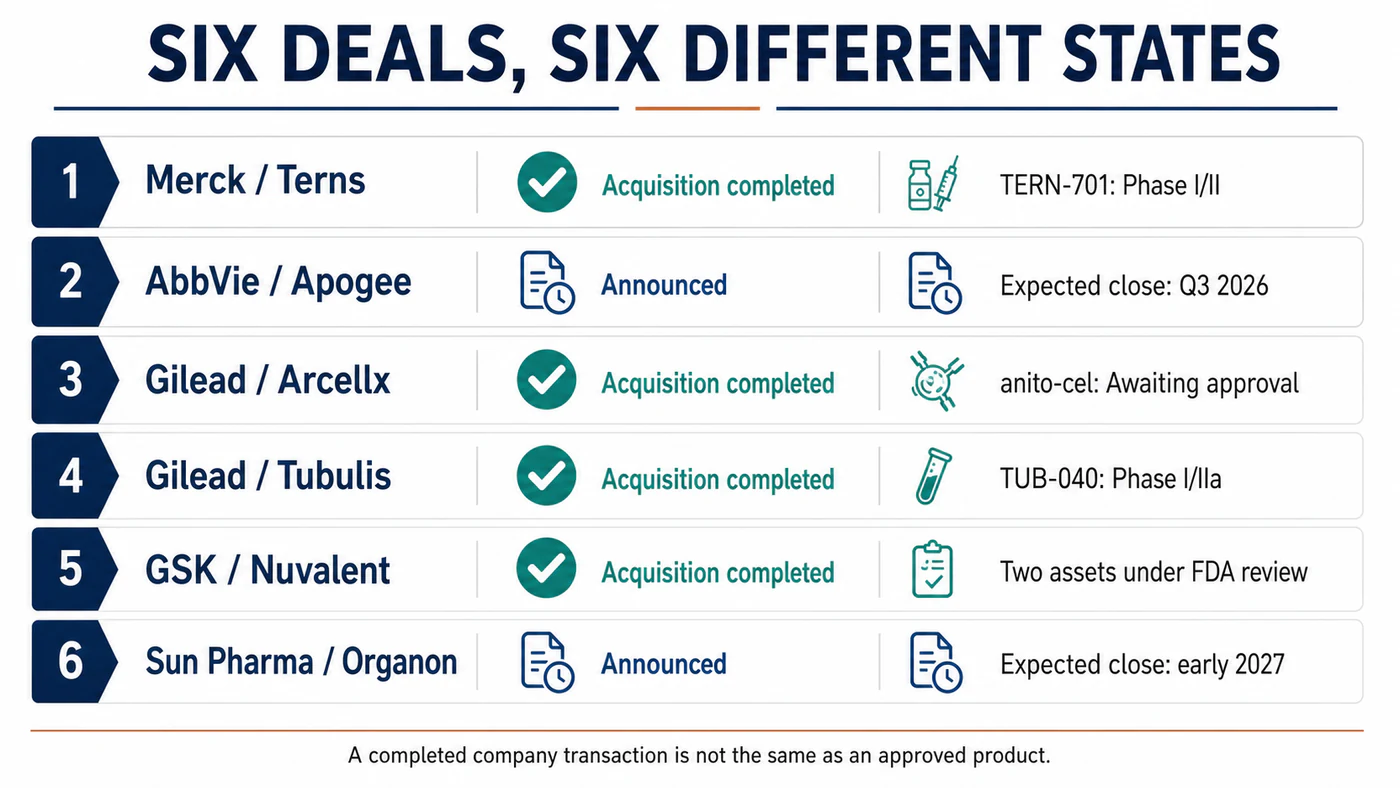 Six representative transactions occupy different states, from announcement and closing to early clinical development and FDA review