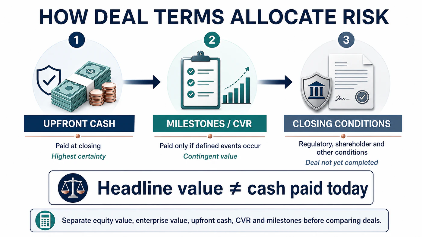 Upfront cash, milestones, CVRs and closing conditions allocate different parts of transaction risk