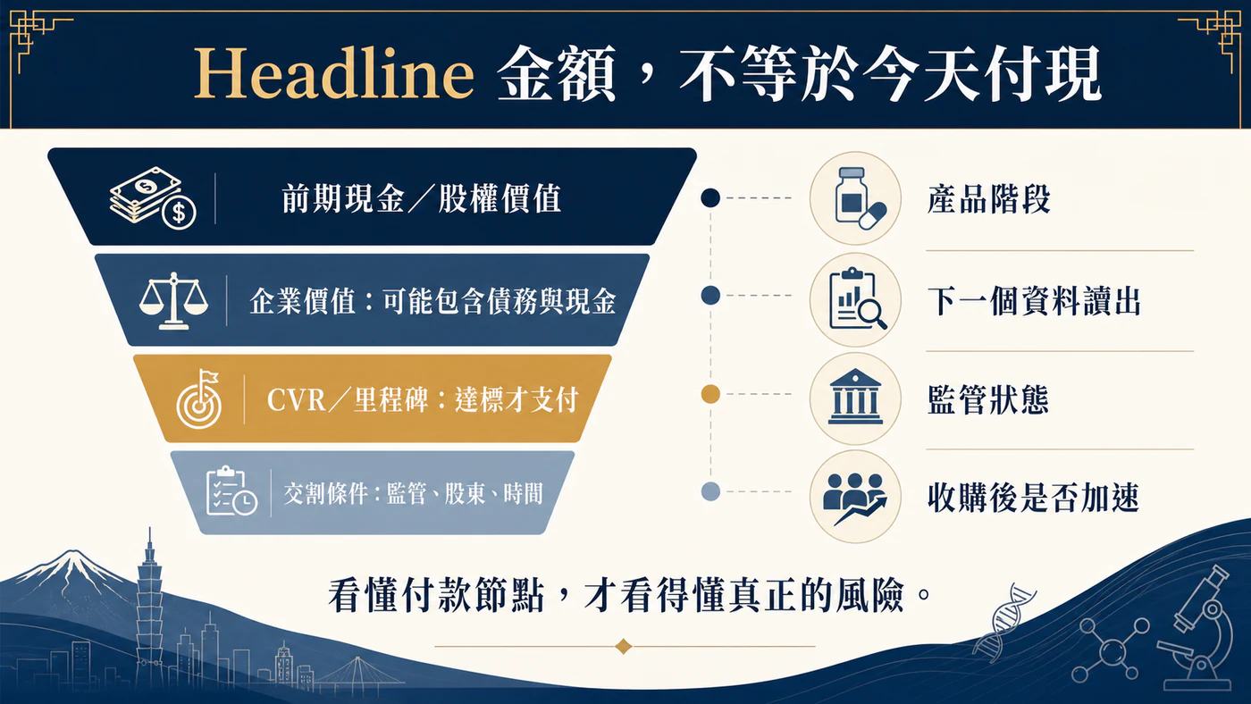 前期現金、里程碑、CVR 與交割條件把併購風險分配給不同參與者