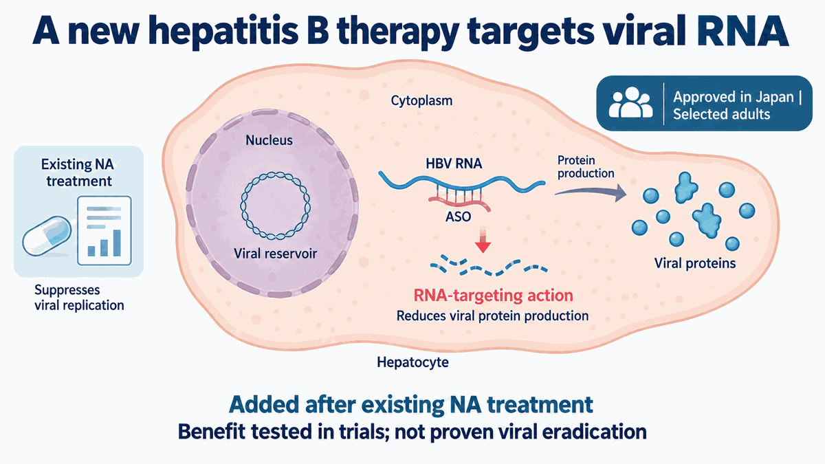 An antisense oligonucleotide acts on the RNA and viral-protein production pathway within a liver cell, with NA background treatment labeled separately. The viral reservoir remains in the cell nucleus, with no depiction of viral eradication or a cure checkmark.
