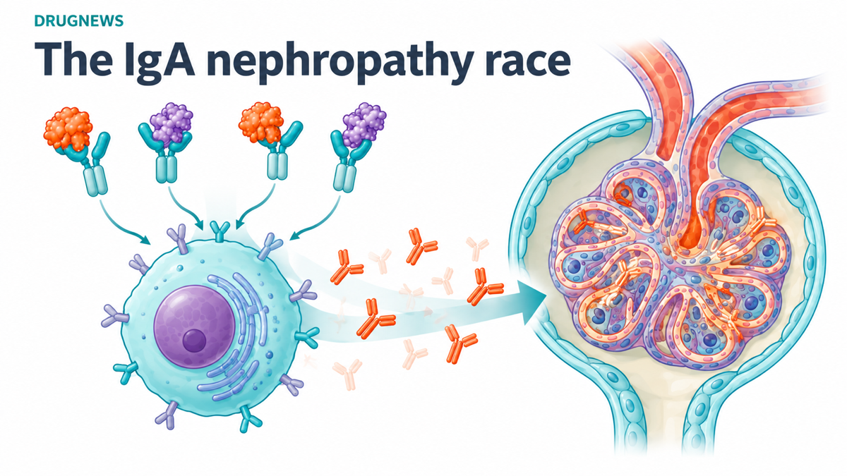 Schematic and data cards: new IgA nephropathy drugs keep kidney function nearly flat for two years, versus a 5.6-point annual loss on placebo