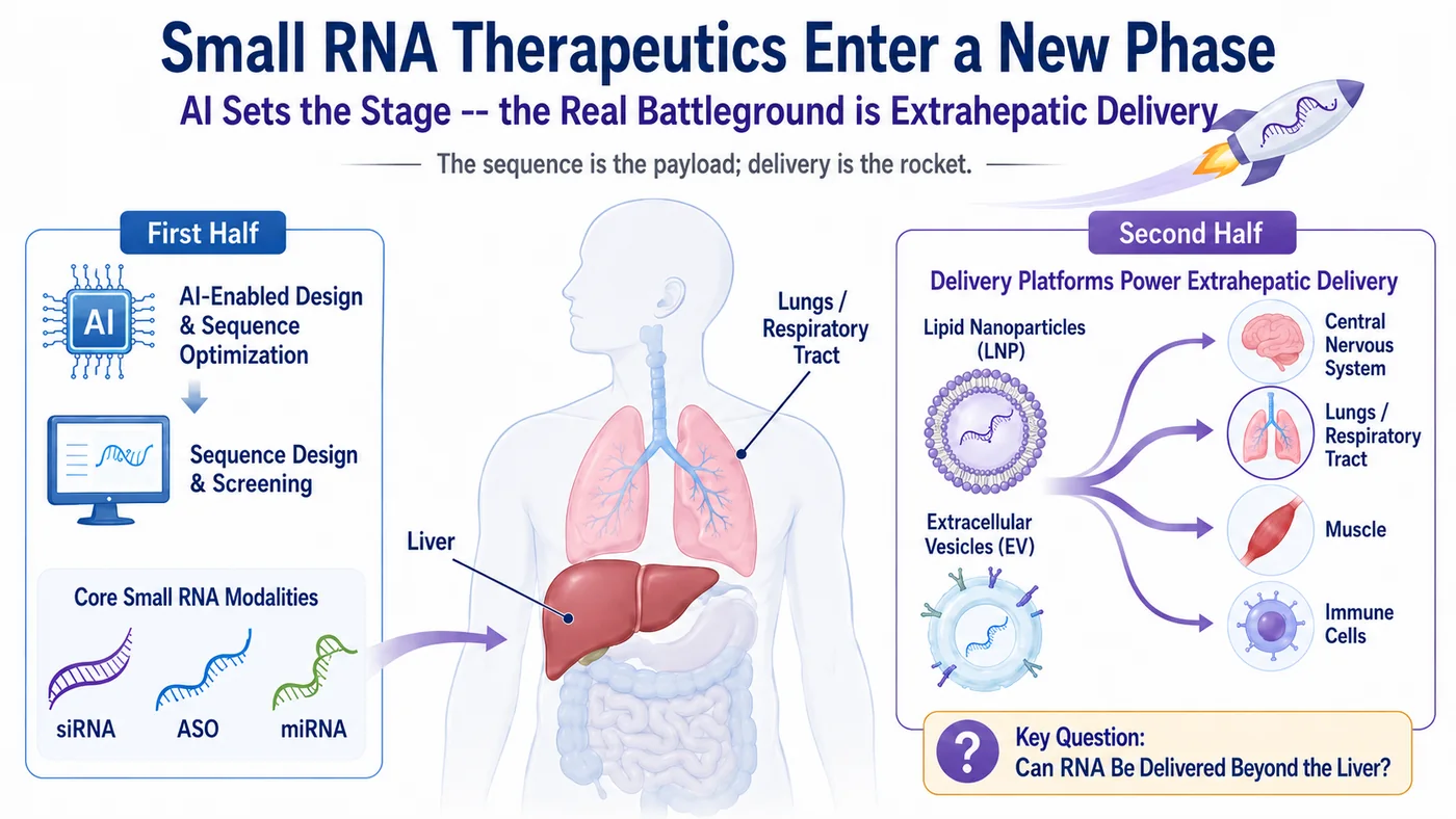 Figure 1 | The first half of oligonucleotide therapeutics is sequence design; the second half is delivery beyond the liver.