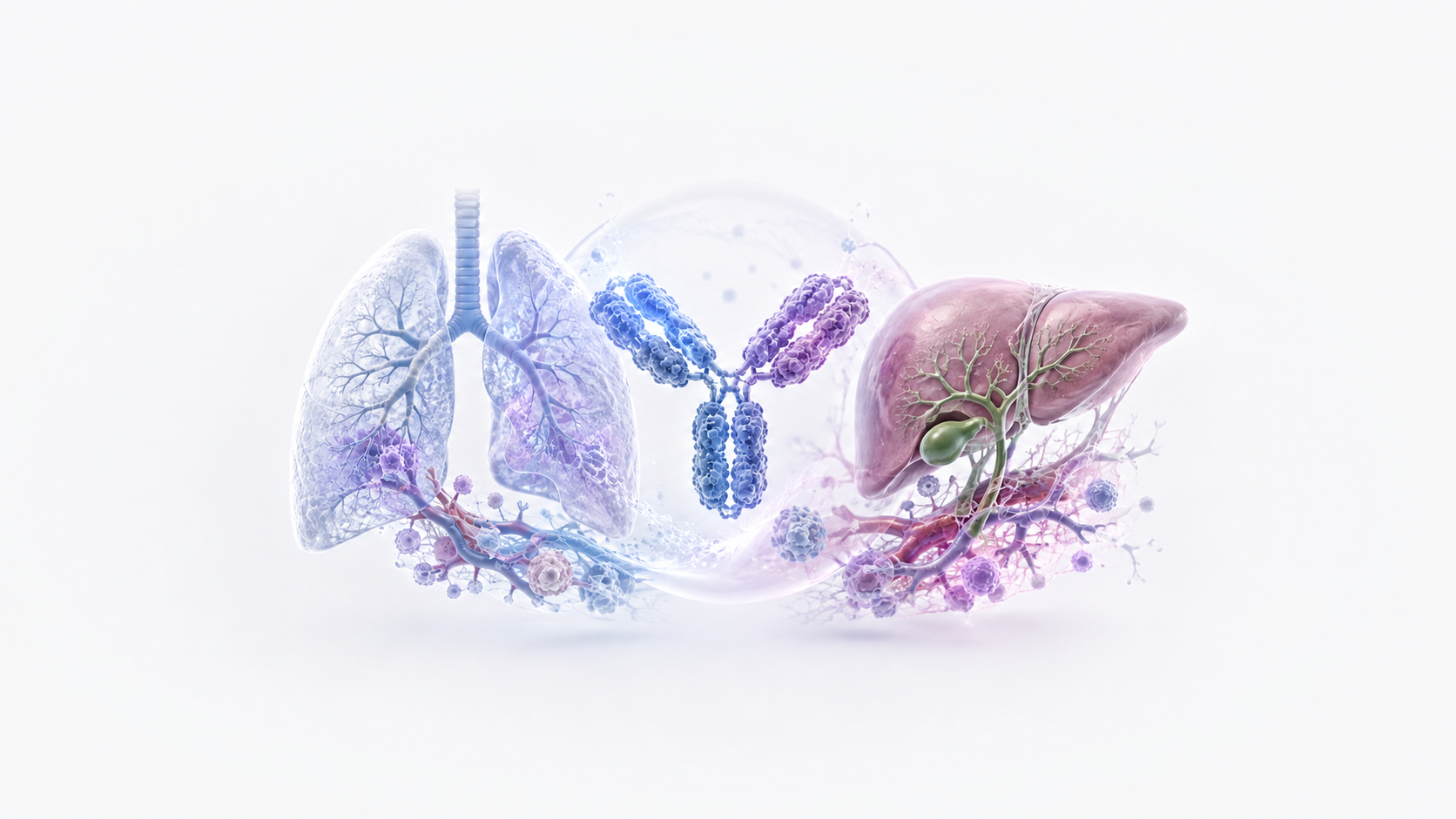 PD-1 與 VEGF 雙特異性抗體連結肺癌與肝膽研究場景的科學意象
