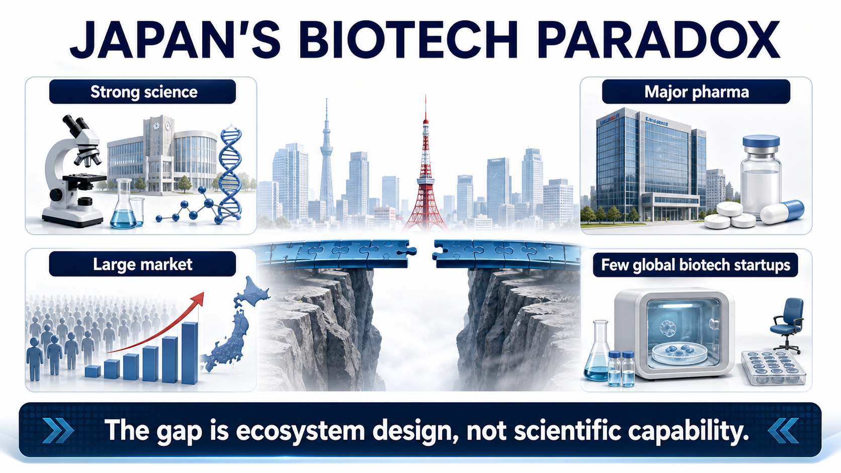 Figure 1 | Japan's biotech paradox: strong science, major pharma, large market, but few global biotech startups