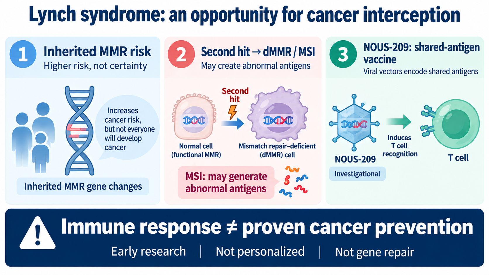 Figure 1 schematic: Lynch syndrome increases cancer risk; NOUS-209 aims to train immune recognition of shared frameshift peptides, but immune response is not proven cancer prevention.