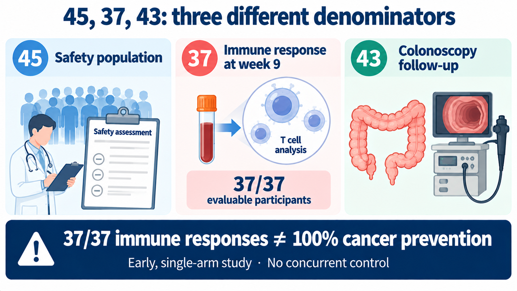 Figure 3 schematic: 45 participants in safety analysis, 37 evaluable for week-9 immune response, and 43 completing end-of-study colonoscopy; immune response, colonoscopy observations and prevention efficacy are different evidence layers.