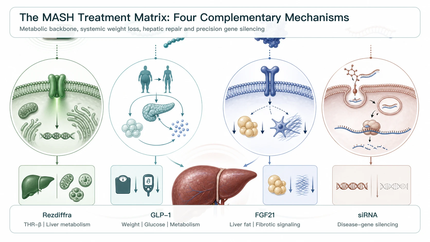 The MASH treatment matrix combines four complementary mechanisms: Rezdiffra, GLP-1, FGF21 and siRNA