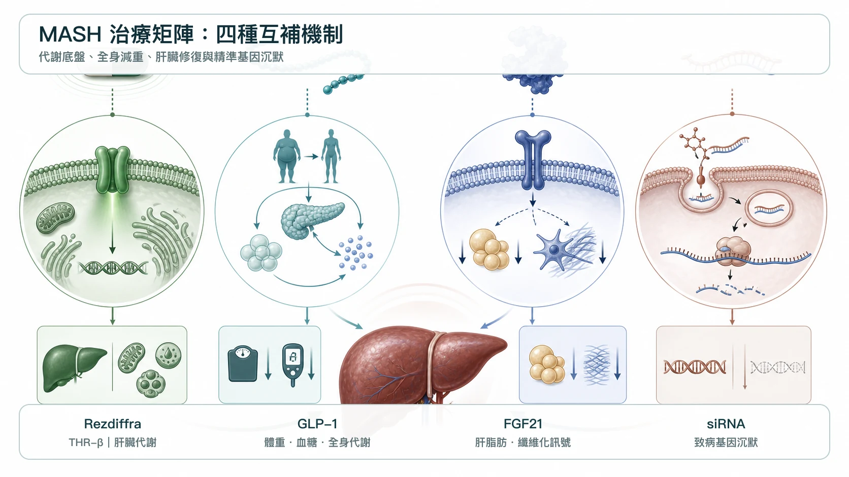 MASH 治療矩陣由 Rezdiffra、GLP-1、FGF21 與 siRNA 四種互補機制構成