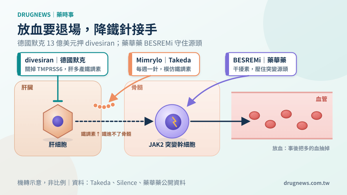 機制示意圖:divesiran 與 Mimrylo 在肝臟與血液調降鐵供應,BESREMi 作用在骨髓突變幹細胞