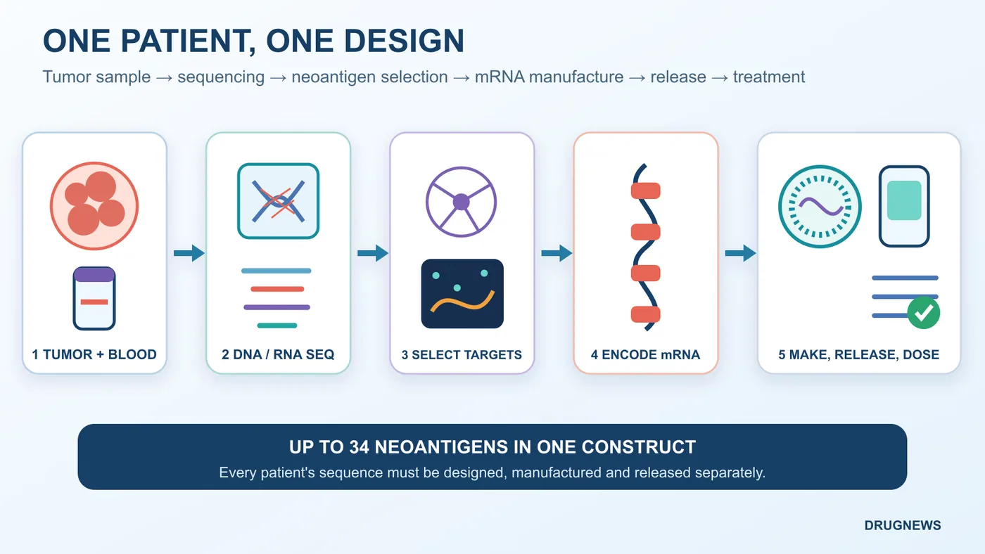 Figure 2 | Each patient's path runs from tumor and blood sampling through sequencing, neoantigen selection, mRNA manufacture, quality release and administration