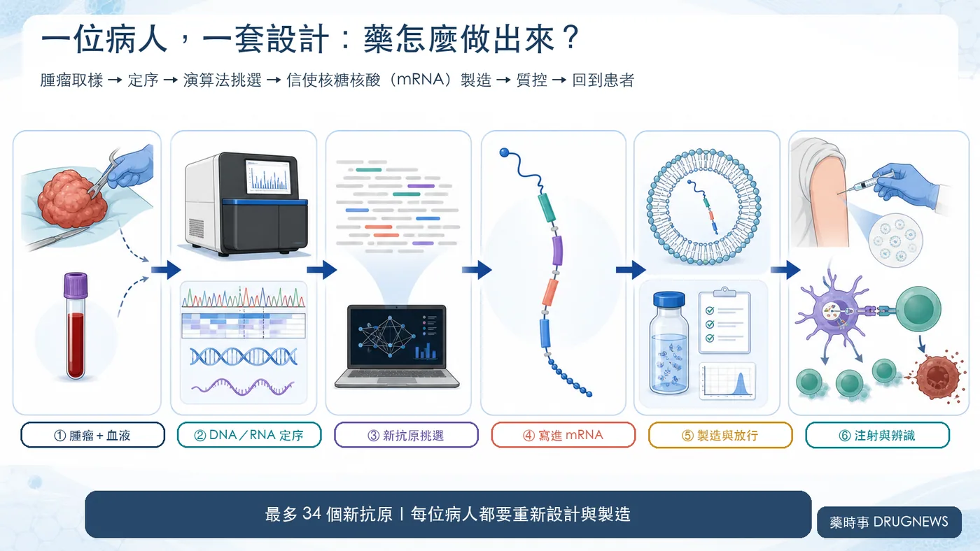 圖 2|每位患者都要經過腫瘤與血液取樣、定序、新抗原挑選、mRNA 製造、質控及回院給藥