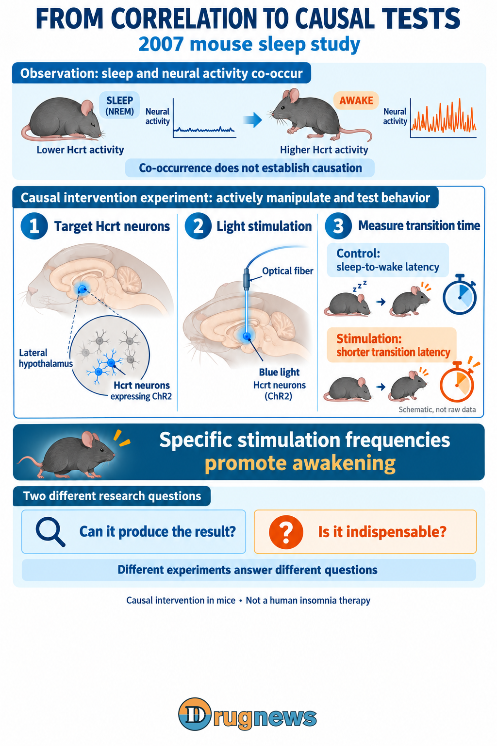 2007 mouse Hcrt intervention compares sleep-to-wake latency; traces/clocks schematic, not raw data.