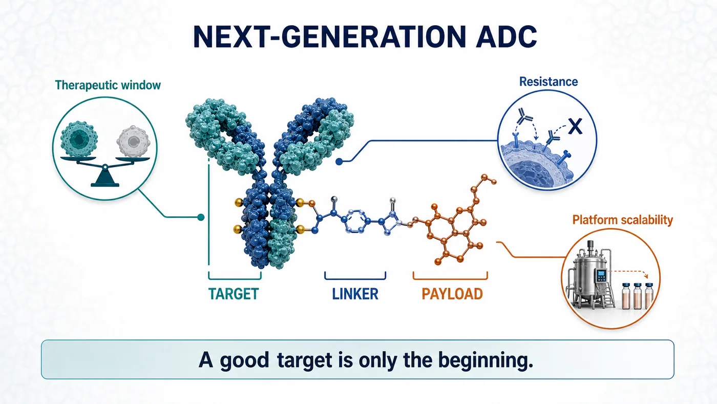 A next-generation ADC must integrate target choice, linker performance, payload differentiation, therapeutic window, resistance and platform scalability