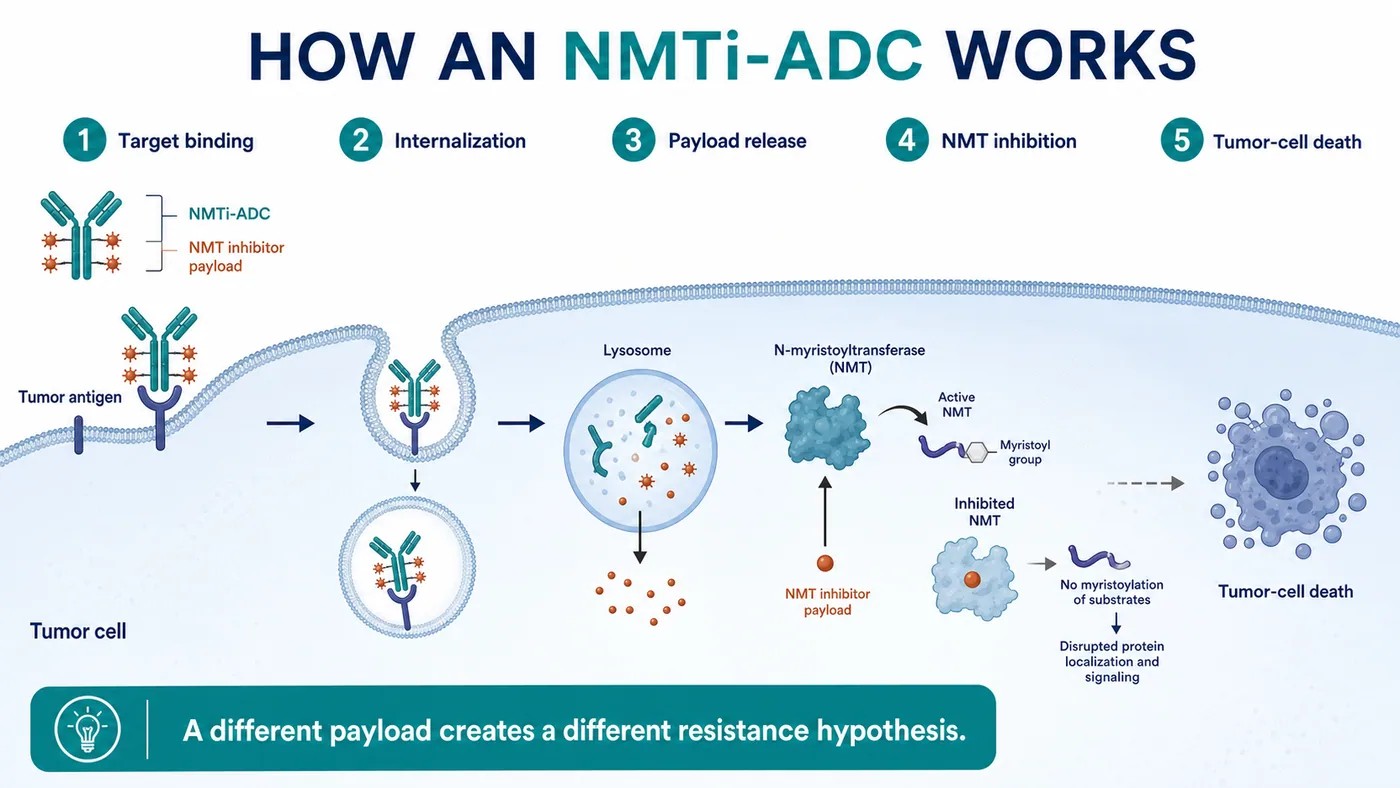 An NMTi-ADC binds a tumor antigen, enters the cell, releases its payload and disrupts intracellular protein trafficking and survival programs